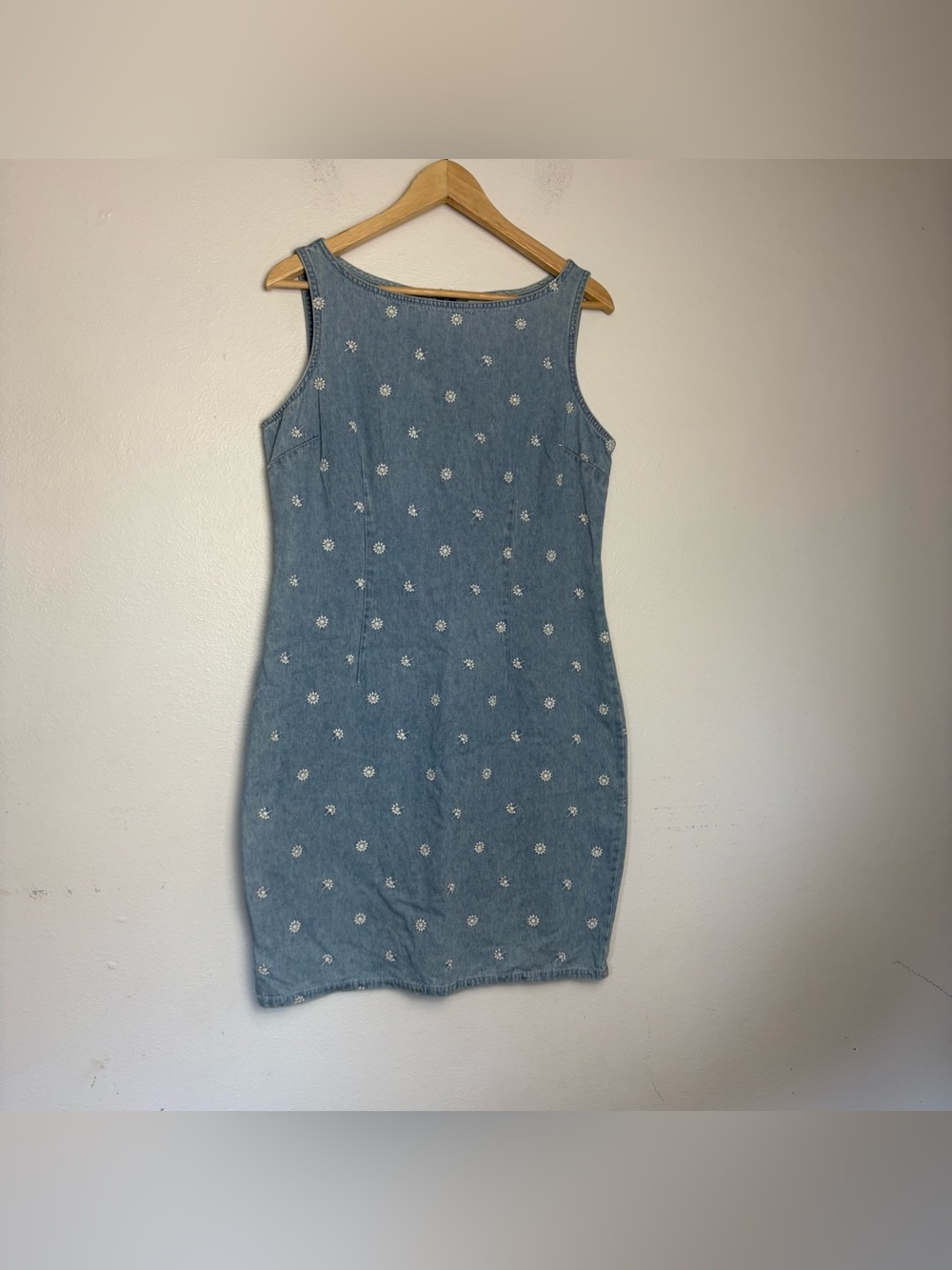 Vintage 90s Sleeveless Blue Denim Mini Embroidered Overall Dress Size 10